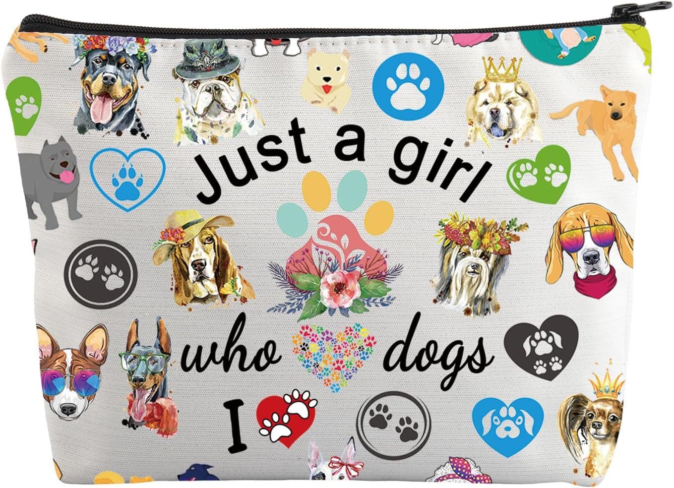 Just a Girl Who Loves Dogs Makeup Bag – Funny Puppy Dog Cosmetic & Toiletry Bag with Dog Paw Print – Perfect Gift for Dog Lovers