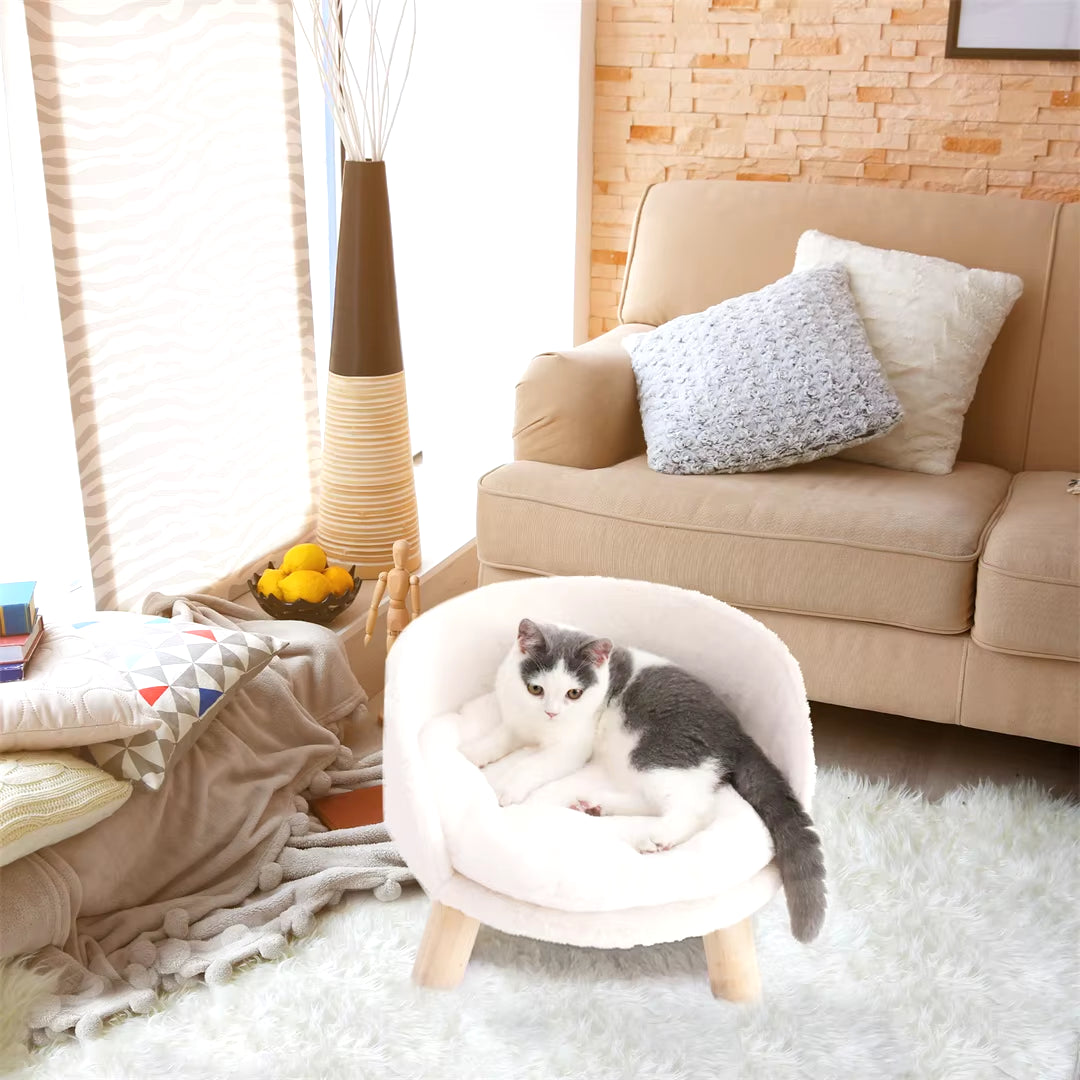 Luxury Soft Plush Cat & Dog Bed – Cozy, Washable, Waterproof Nesting Chair with Cushion Pad & Wooden Legs