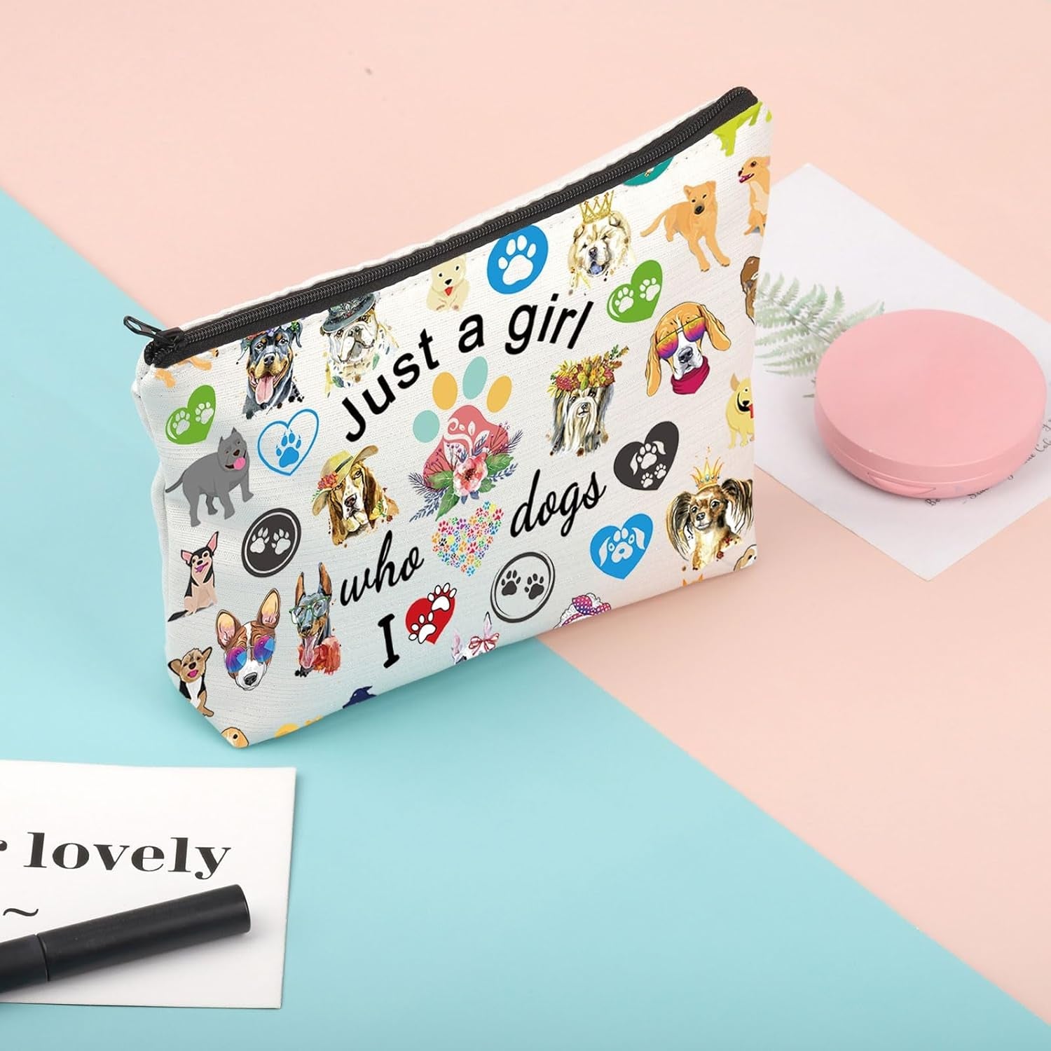 Just a Girl Who Loves Dogs Makeup Bag – Funny Puppy Dog Cosmetic & Toiletry Bag with Dog Paw Print – Perfect Gift for Dog Lovers