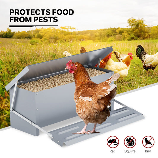 Automatic Chicken Feeder - Galvanized Treadle Poultry Auto-Feeder for Outdoor Gardens