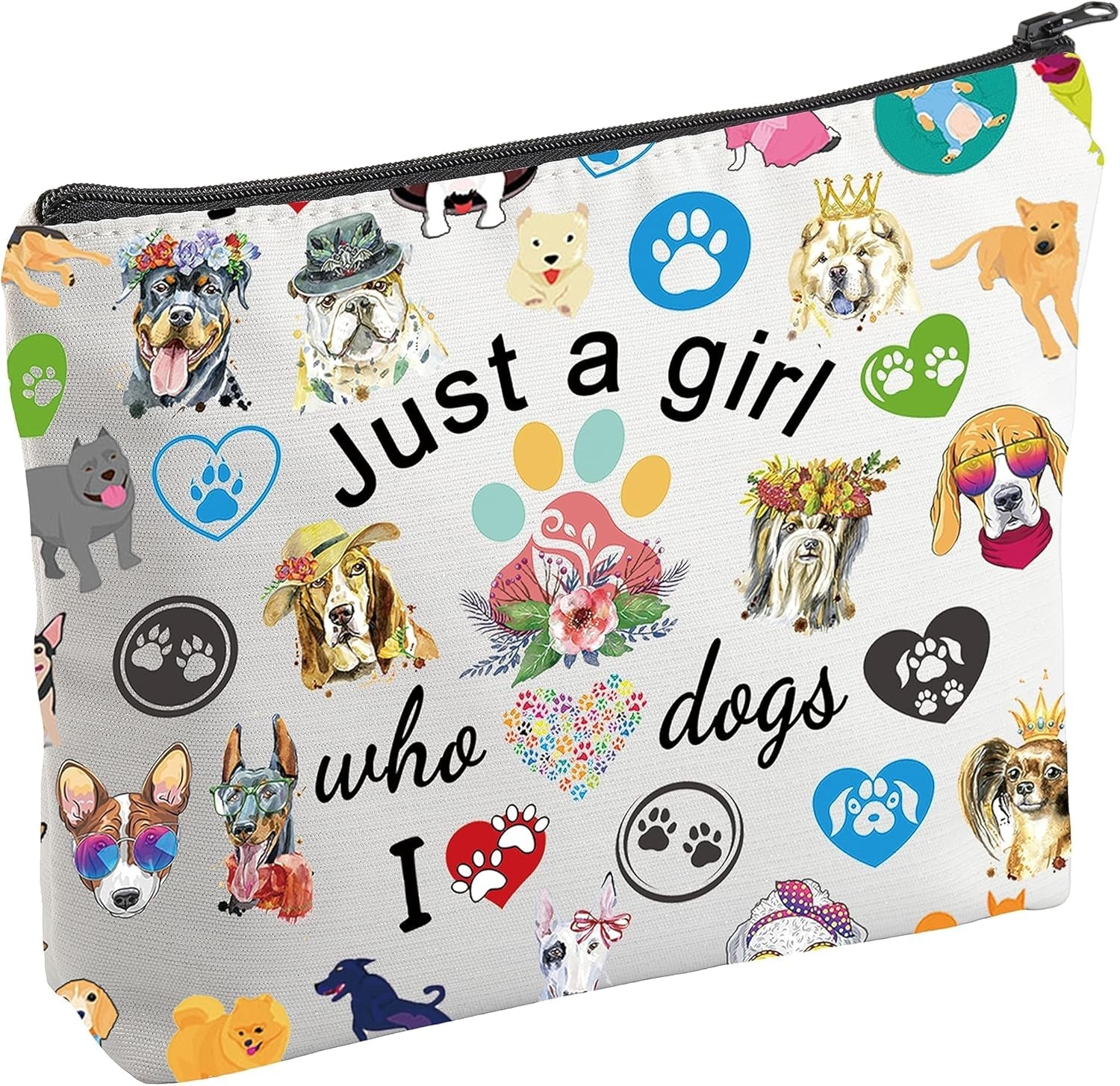 Just a Girl Who Loves Dogs Makeup Bag – Funny Puppy Dog Cosmetic & Toiletry Bag with Dog Paw Print – Perfect Gift for Dog Lovers