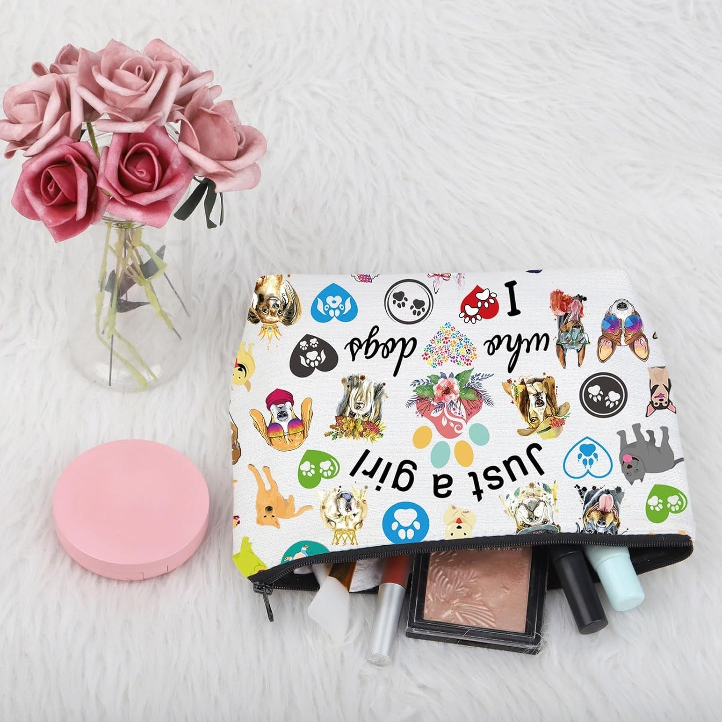 Just a Girl Who Loves Dogs Makeup Bag – Funny Puppy Dog Cosmetic & Toiletry Bag with Dog Paw Print – Perfect Gift for Dog Lovers